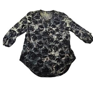 Chances R‎ Women's Sz L Gray & Black Velvet Floral Whimsigoth Pop Over Blouse
